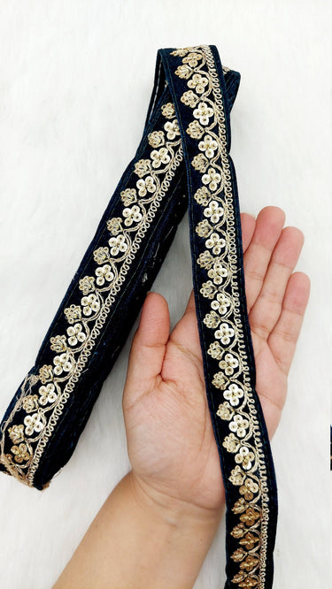 Floral Sequins Embroidered Velvet Fabric Trim Indian Sari Border, Sequin Trimming, Trim By 9 Yards